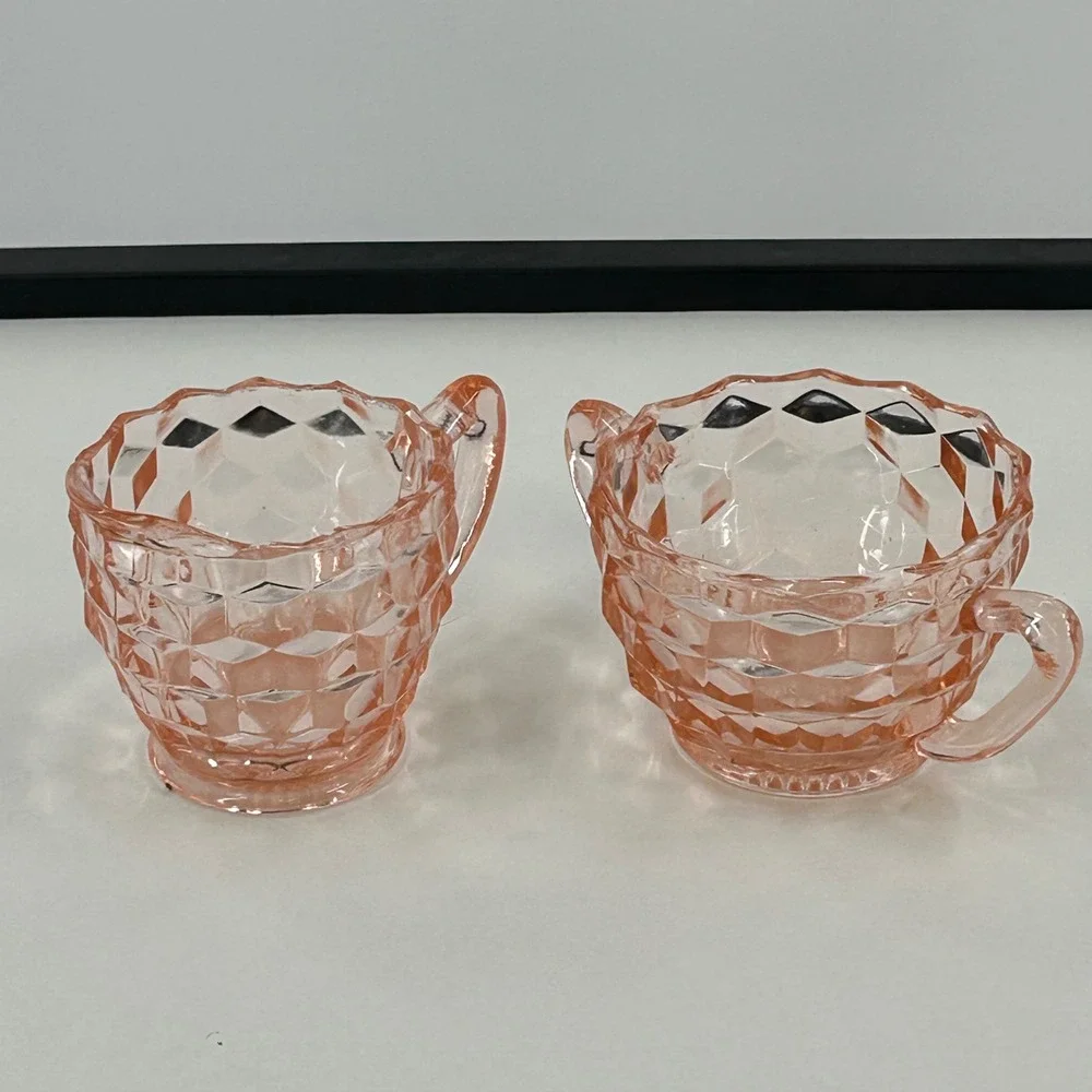Vintage Pink Depression Glass Creamer and Sugar Bowl Set Diamond Point Pattern
